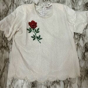 Creative Touch Vintage Beaded Blouse Red Rose Embellished Scalloped Hem Sleeves